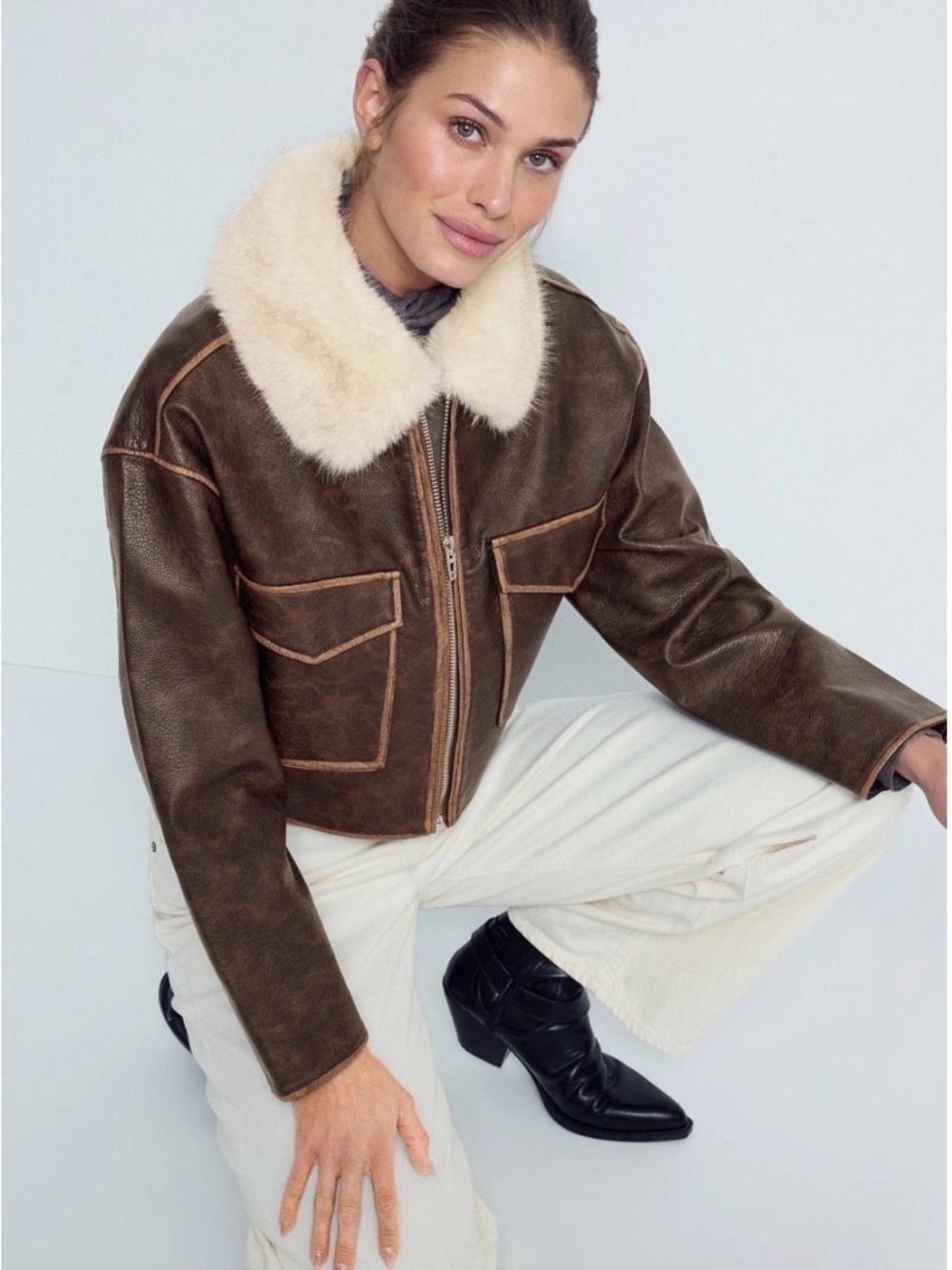 Blanknyc caffeine rush Cropped Brown Leather bomber Jacket with Shearling Collar
